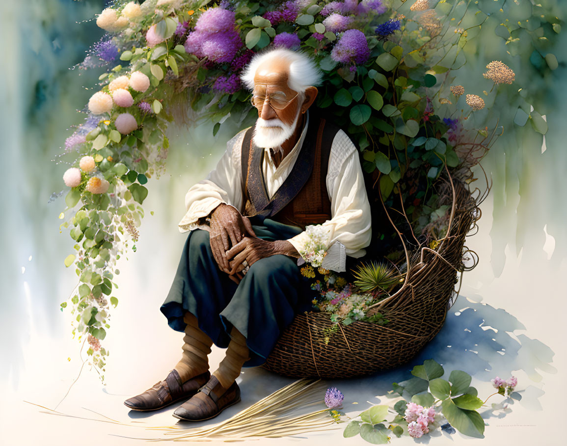 Old man in a woven reed basket cradled in a thicke