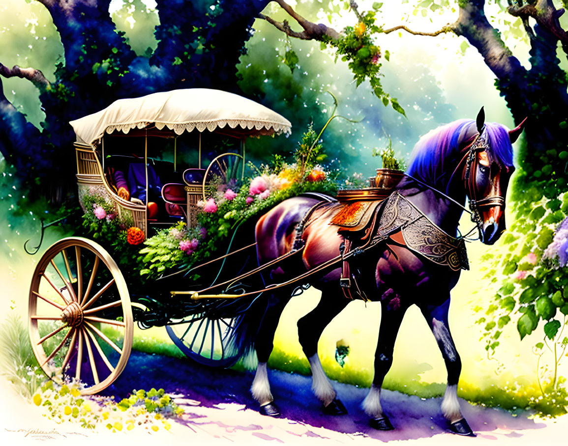 Old couple driving horse carriage with handle,