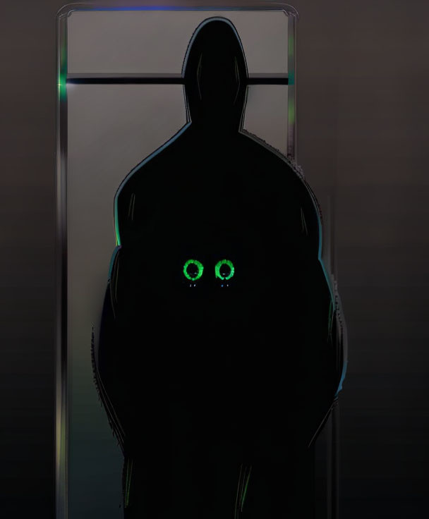 Mysterious silhouette in doorway with glowing green eyes