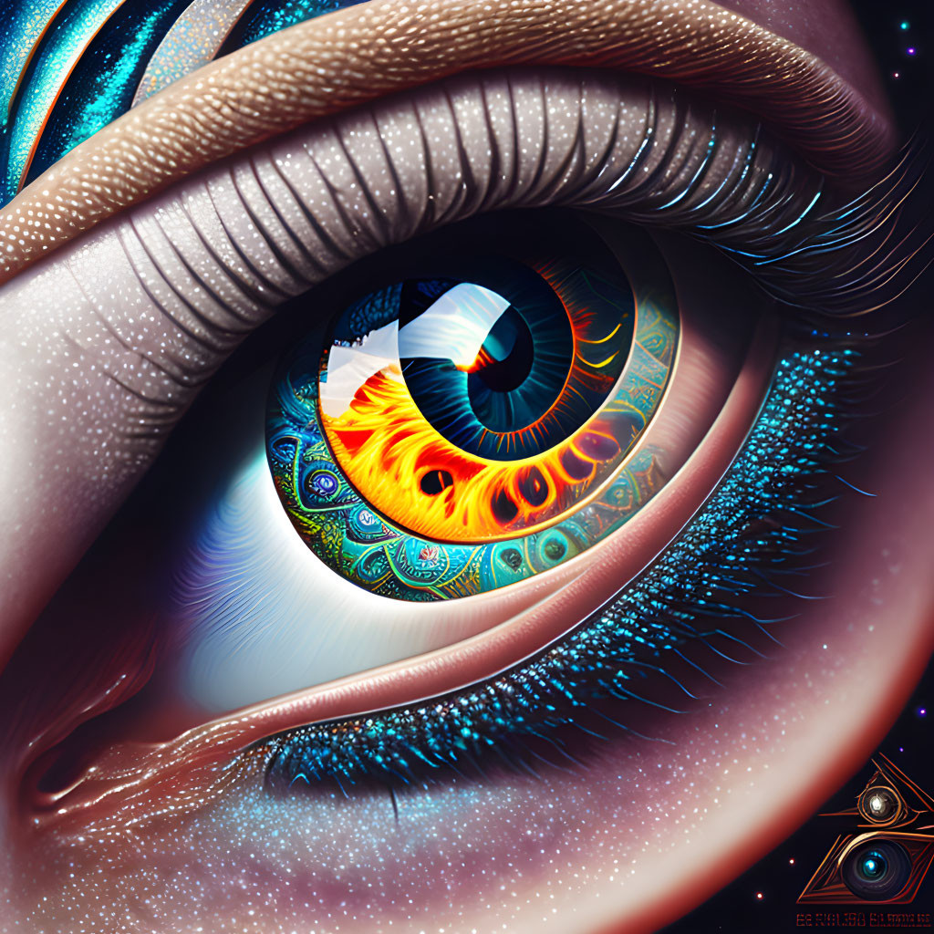 Detailed digital artwork: Human eye with cosmic-geometric iris