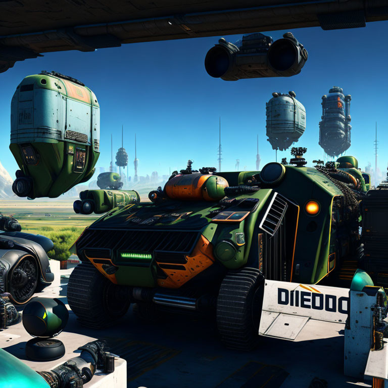 Futuristic Vehicle Depot with Hovering Pods and Drones