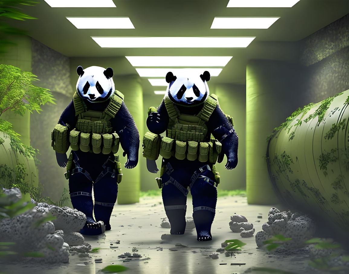 Animated pandas in tactical gear in futuristic, plant-filled corridor
