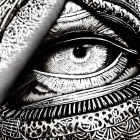 Detailed digital artwork: Human eye with cosmic-geometric iris
