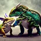 Colorful horned dinosaurs in prehistoric scene with muted flora background.