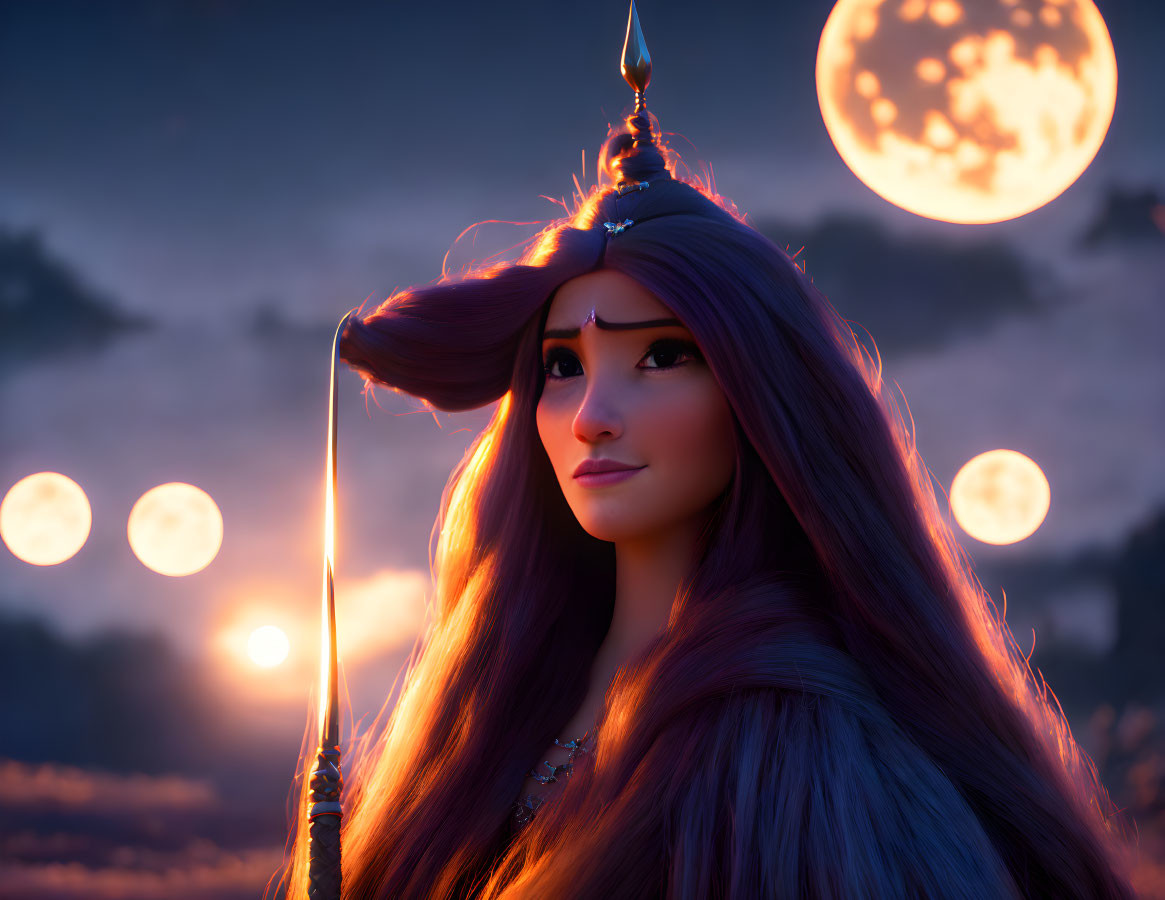 Animated female character with long hair holding arrow under moonlit sky