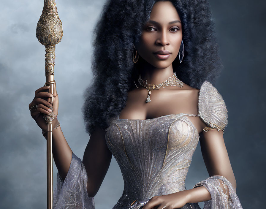 Curly-Haired Woman in Regal Silver Corset Dress and Scepter