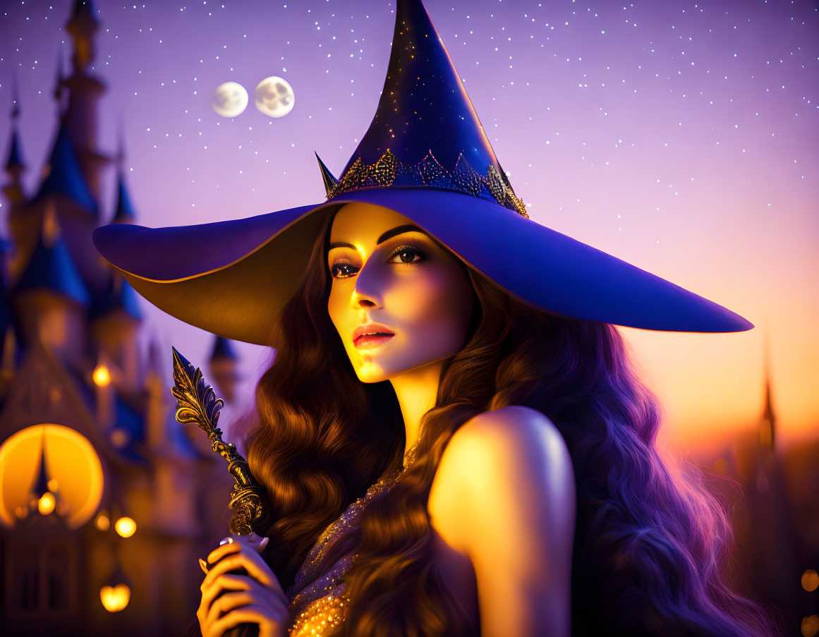 Woman in witch costume with hat and wand in front of castle and moon