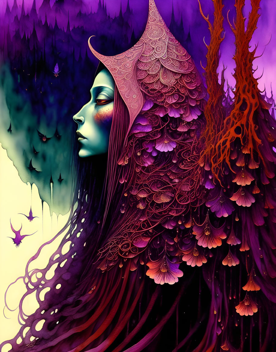 Vibrant surreal illustration of woman with patterned hair in organic landscape
