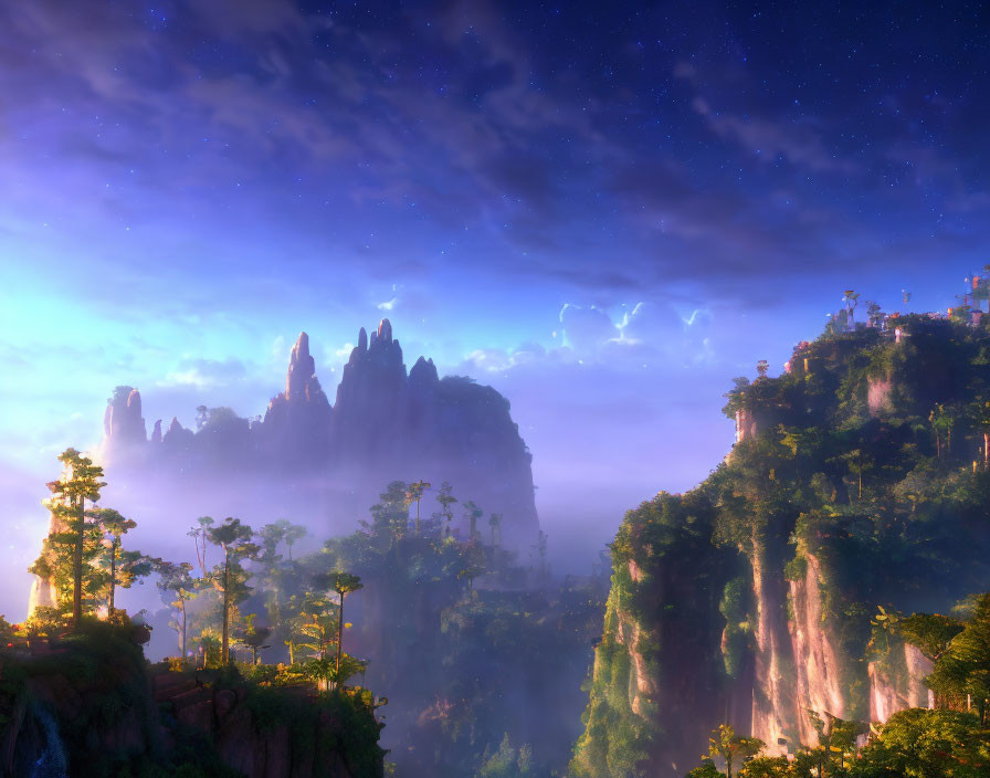 Twilight landscape with towering rock formations and ethereal lights