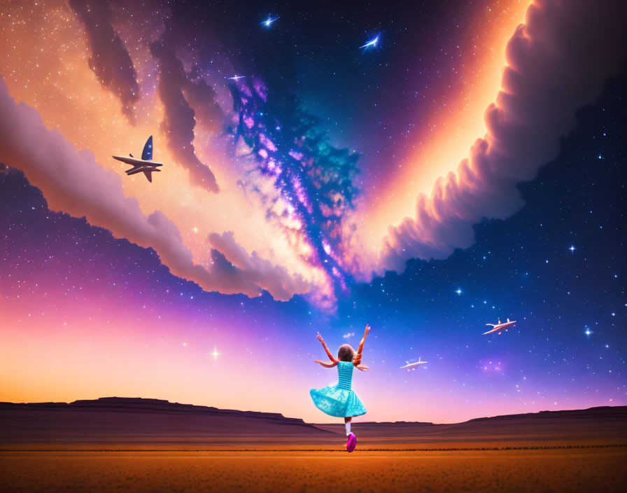 Child in Blue Dress Reaching Towards Twilight Sky with Desert Background
