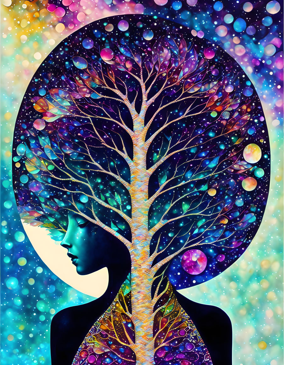 Colorful cosmic tree silhouette against starry space background