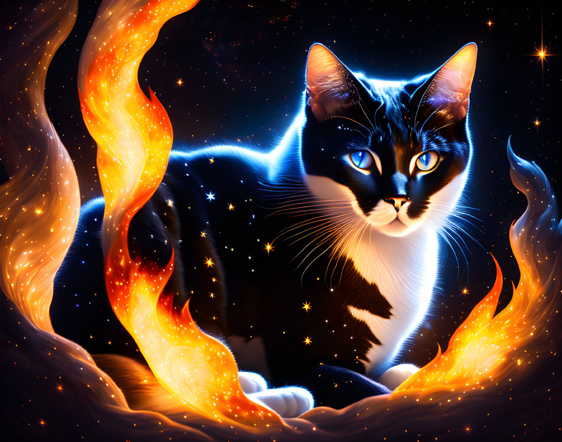 Tuxedo Cat Digital Artwork with Stars and Ethereal Flames