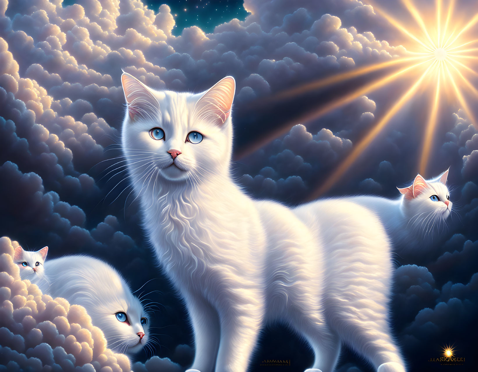Many small white hairlong cats in the clouds again