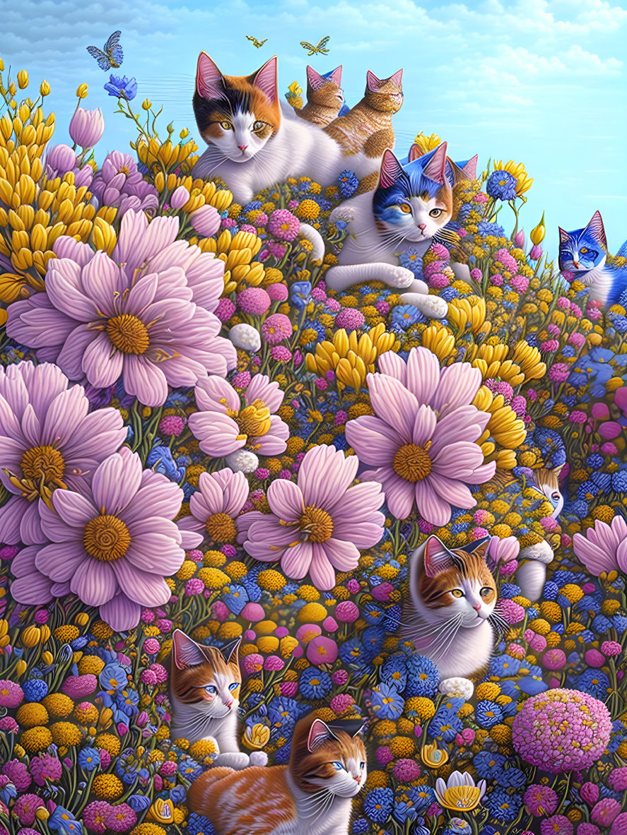 Vibrant cat illustrations in colorful flower field