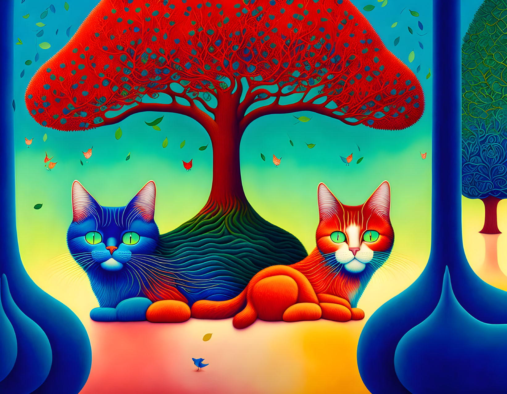 Red and blue cat in algae type tree forest, By Gra