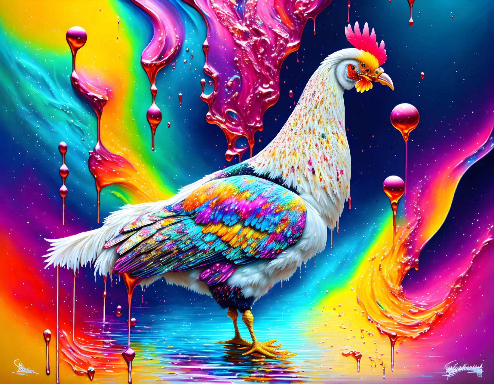 Colorful Rooster in Psychedelic Rainbow Background