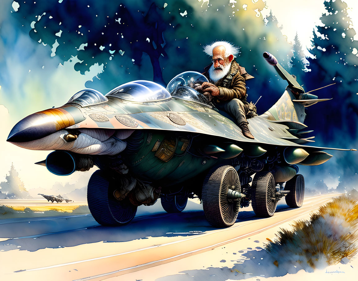 Old man driving a dinosaur F-16