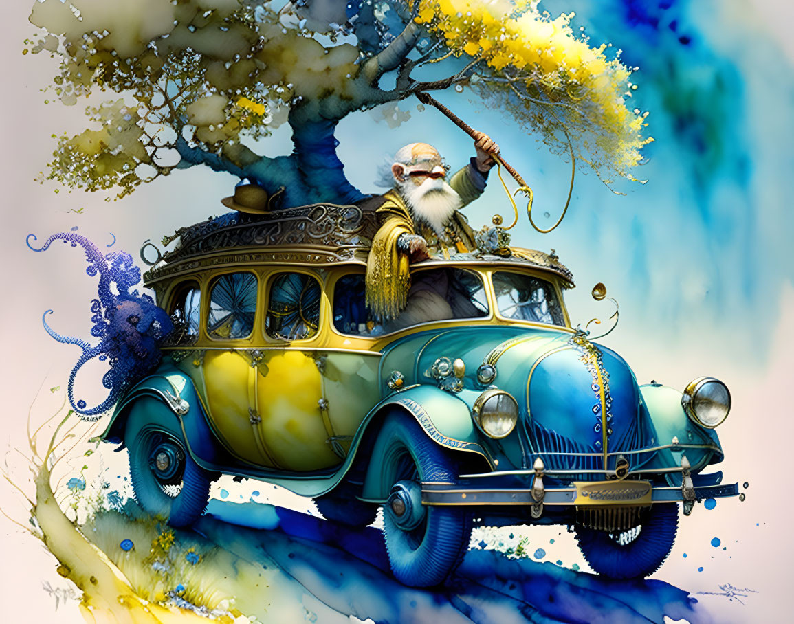   Old man driving blue yellow tree octopus with ha
