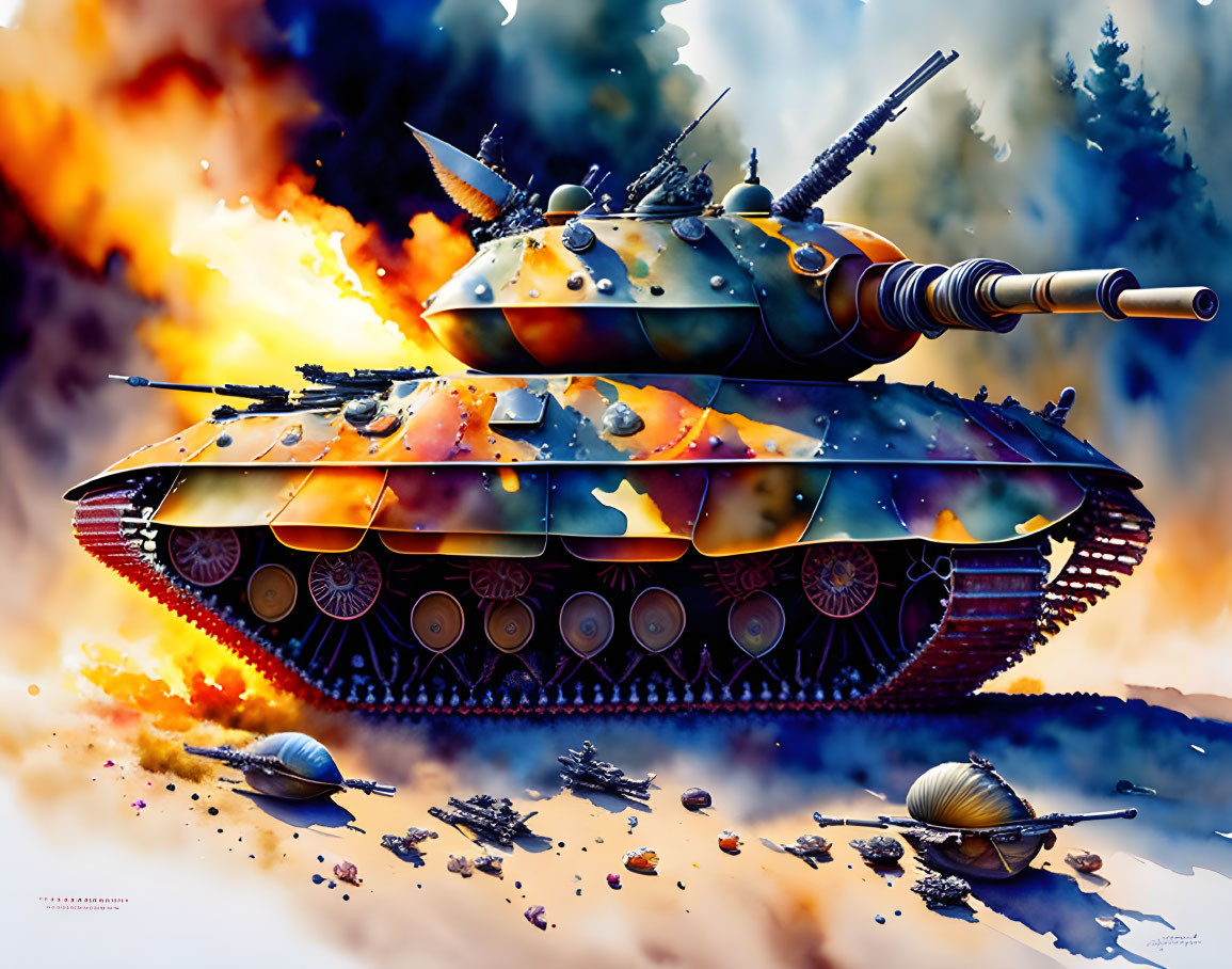 Burning tank with a shell in armor, dead soldiers 