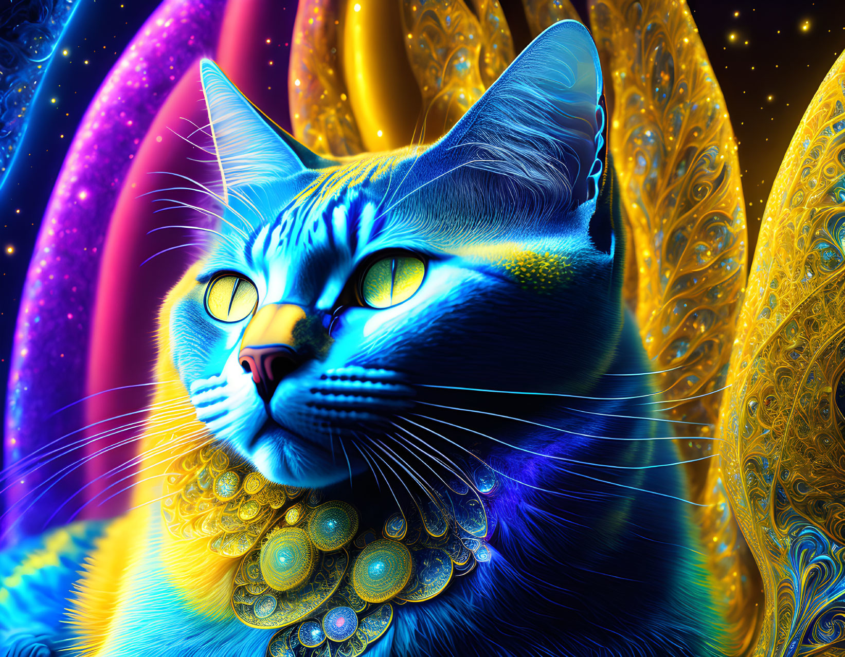 Colorful Digital Art: Blue Cat with Yellow Eyes and Golden Necklace on Psychedelic Background