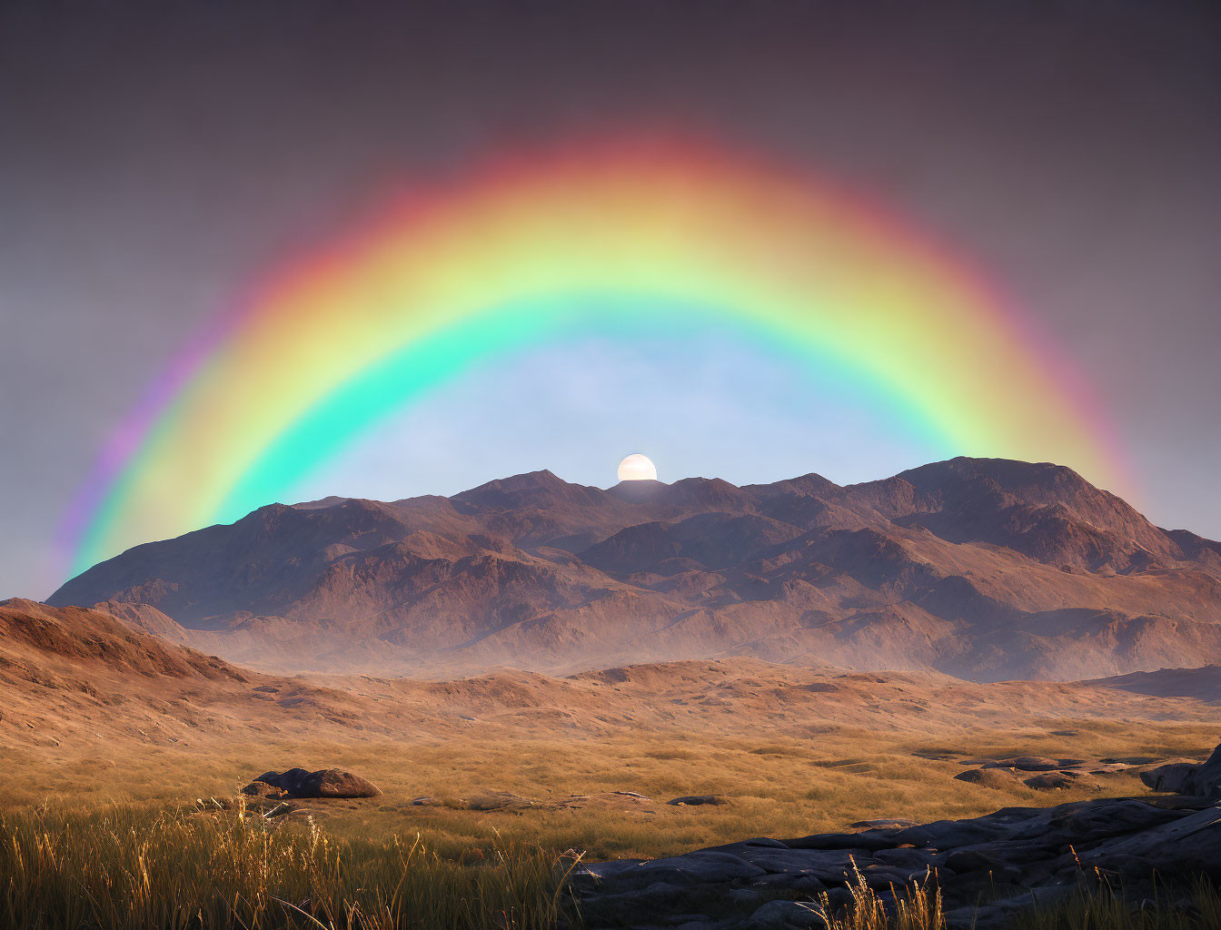 Colorful rainbow over rugged mountain range under hazy sky