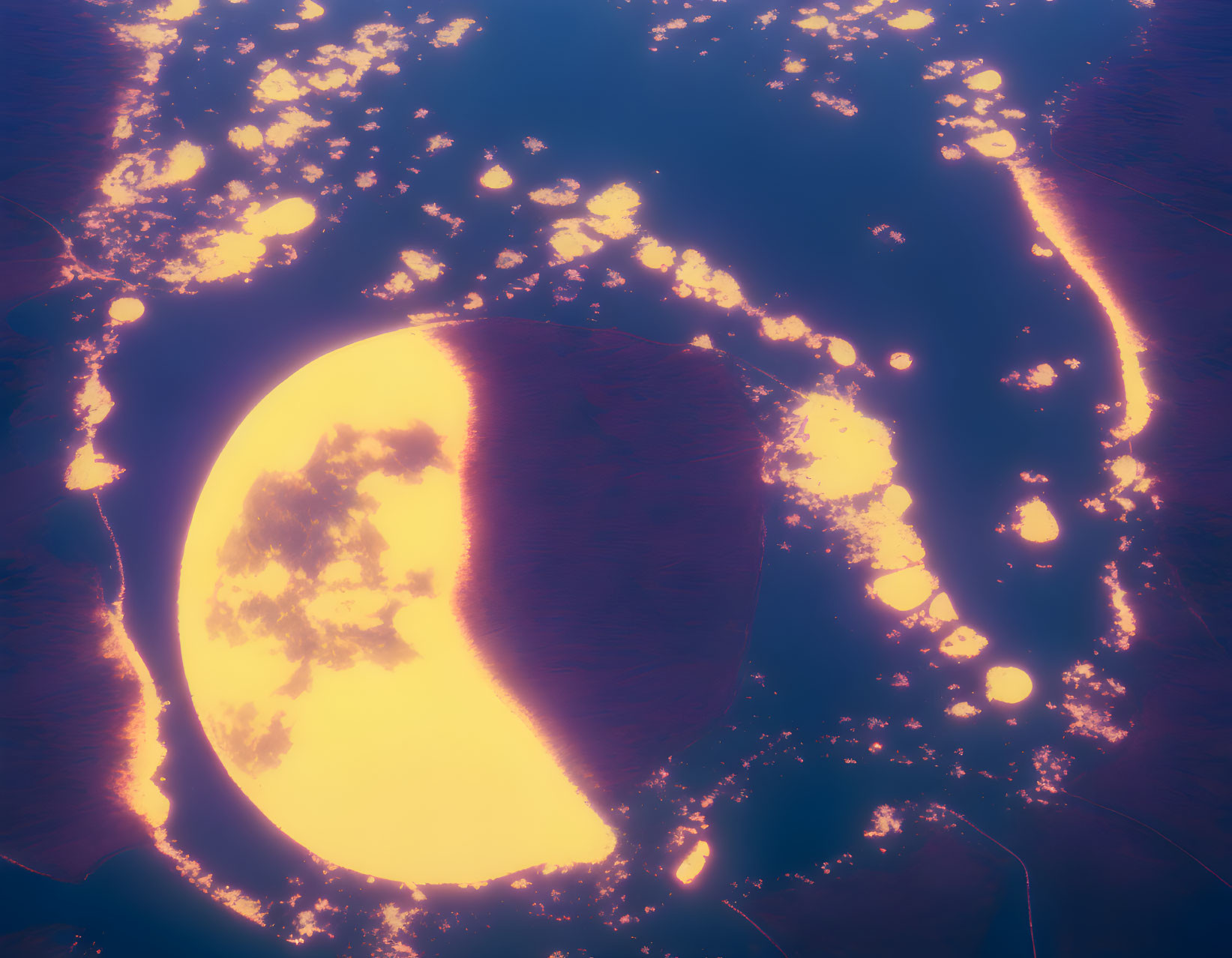 Surreal vibrant image of luminous circular body in dark textured landscape