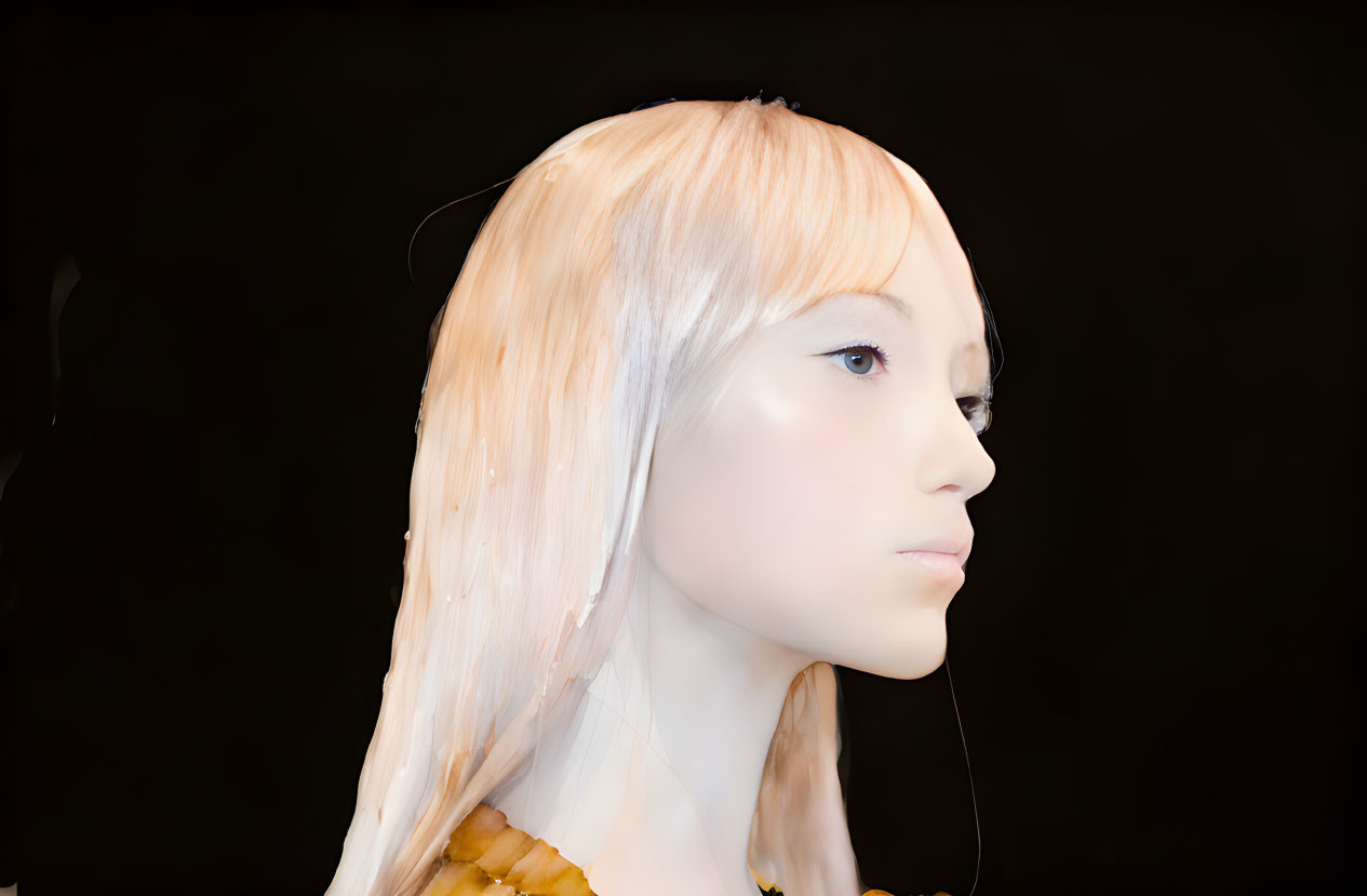 Realistic female mannequin with blonde hair on black background
