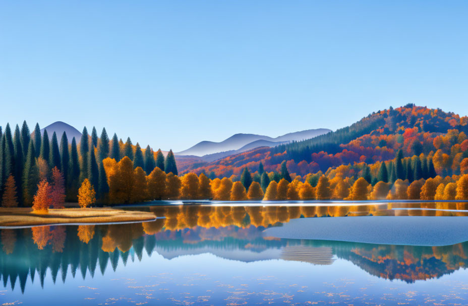 Tranquil autumn landscape with colorful trees and calm lake