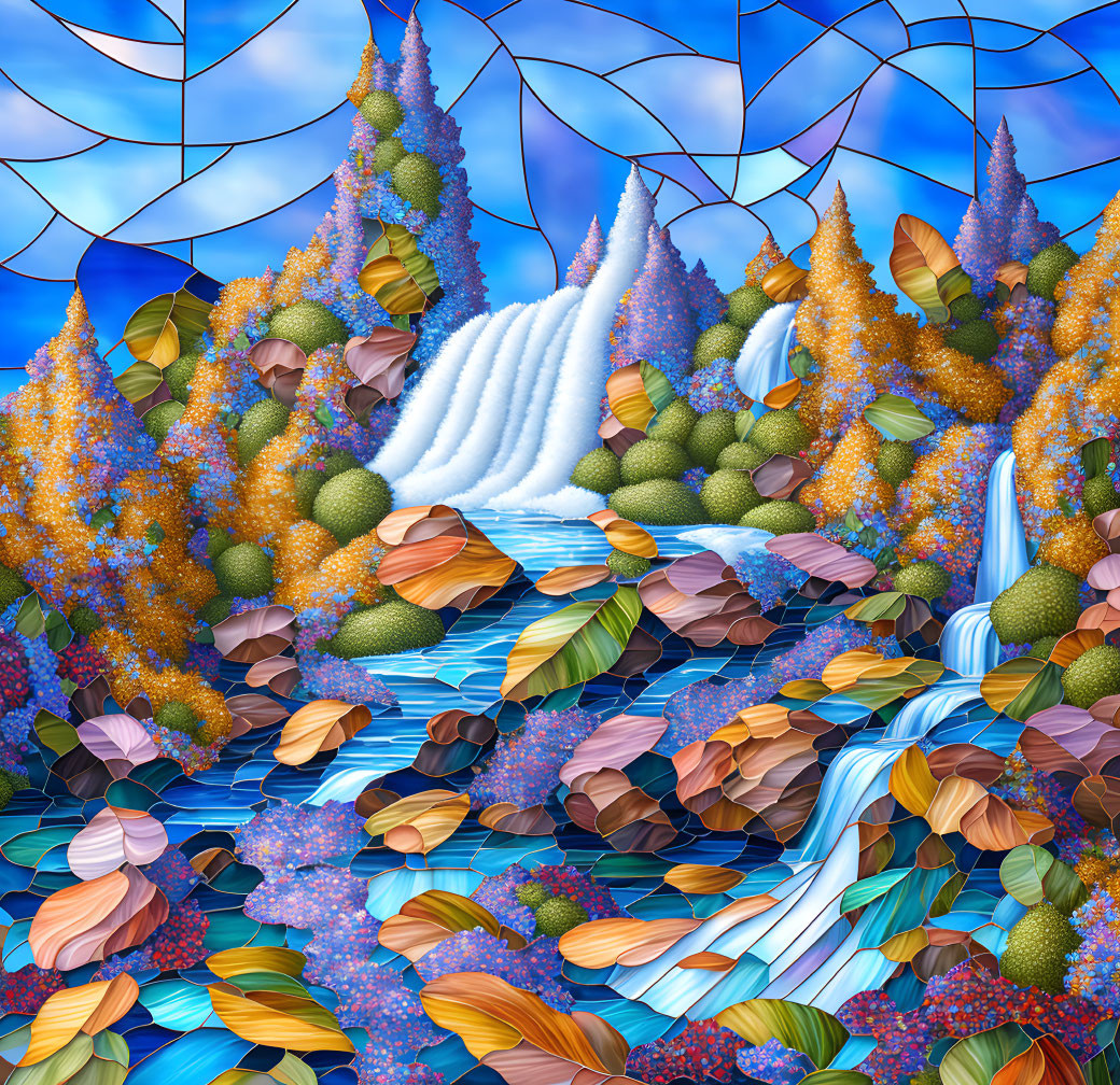 Nature's Mosaic: Vibrant Trees & Waterfalls