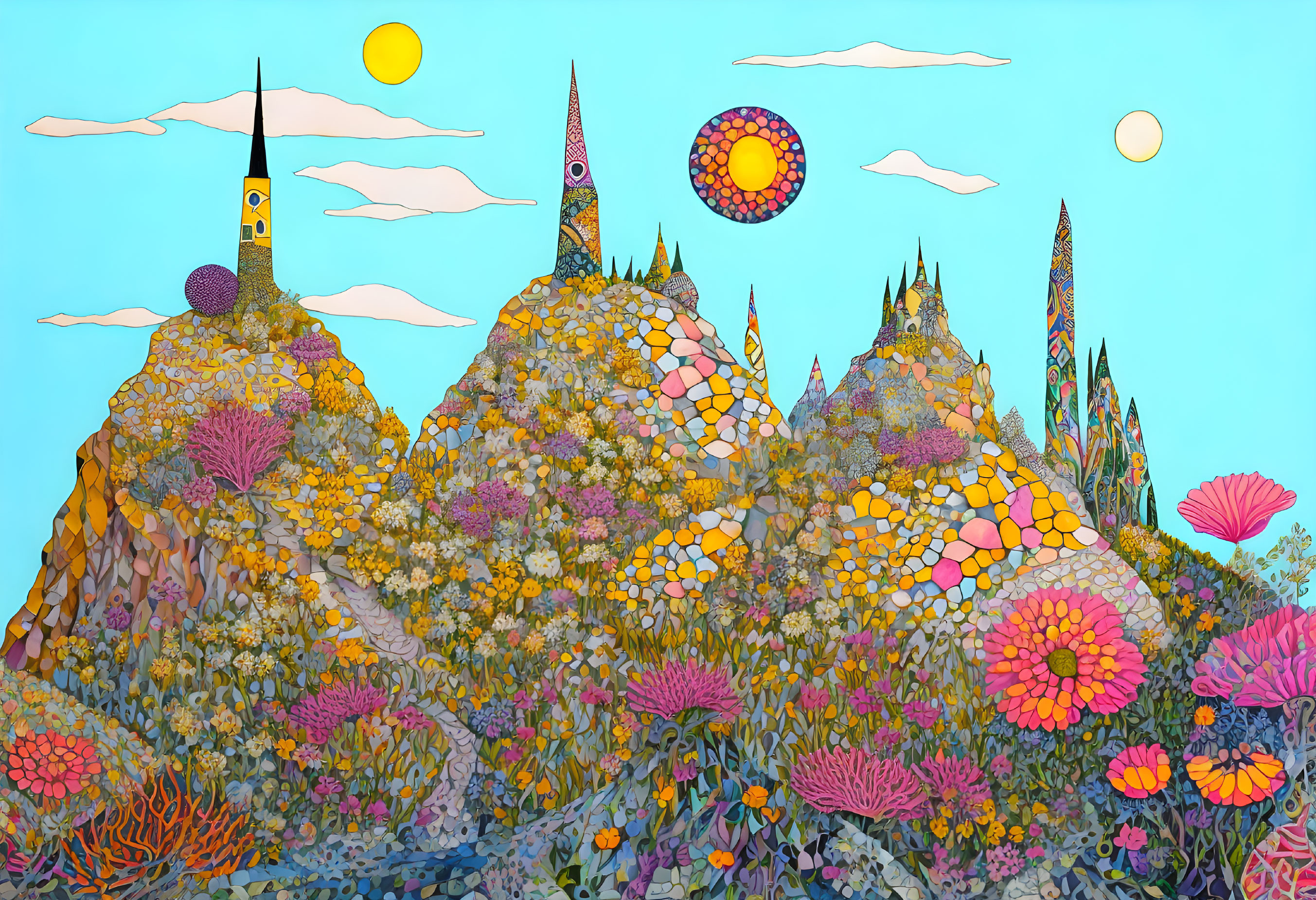 Fantasy Floral Mountains and Sunlit Towers