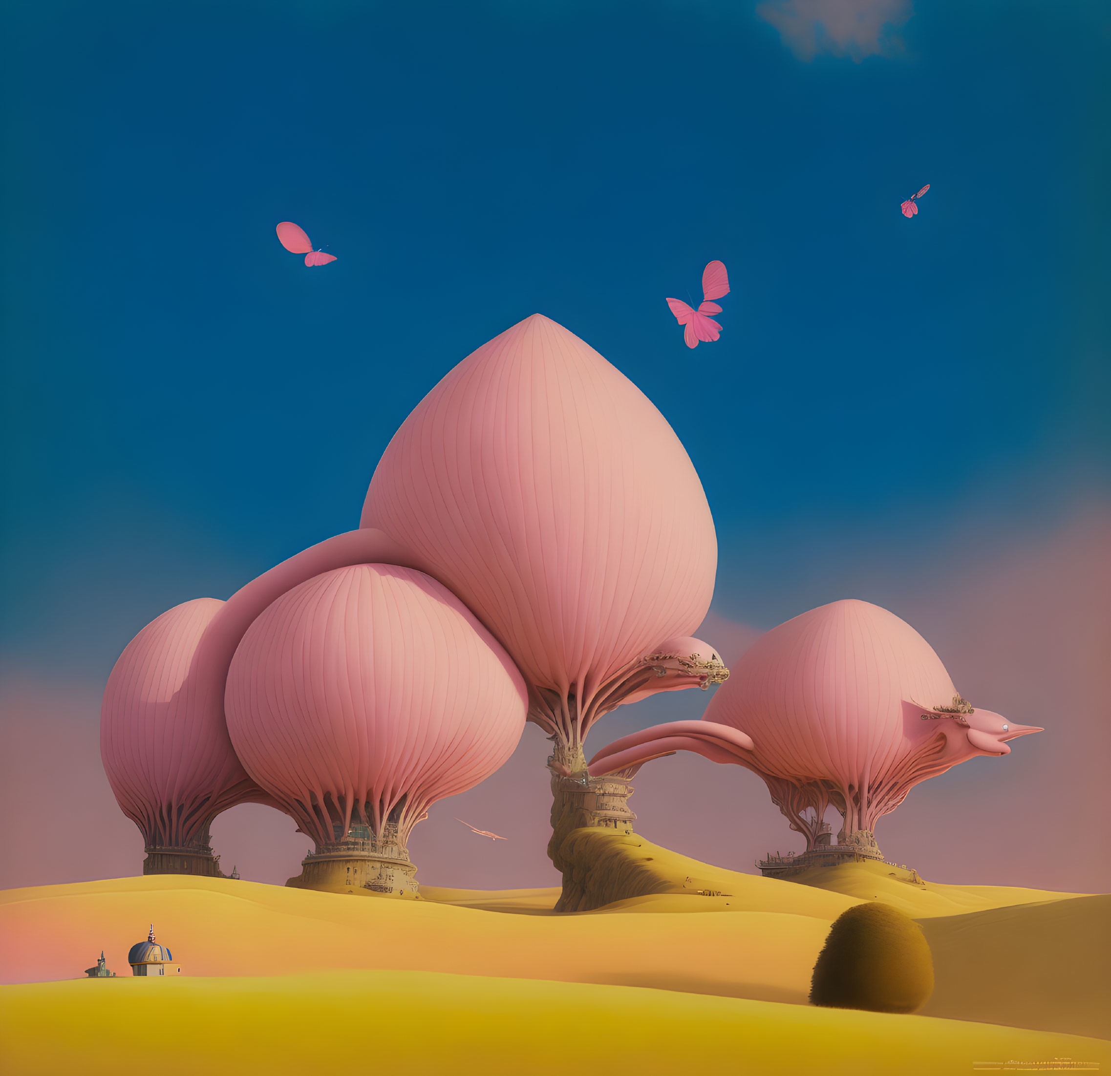 Whimsical Wonderland: Pink Trees and Giant Butterflies