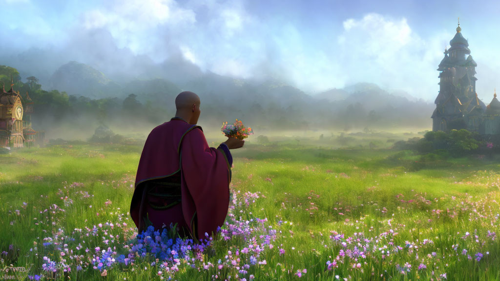 Monk holding flowers in serene meadow with distant fairytale castle
