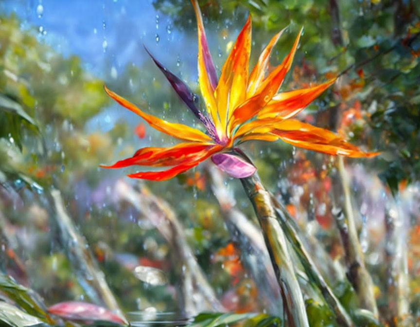 Colorful Bird-of-Paradise Flower in Lush Setting with Water Droplets on Translucent
