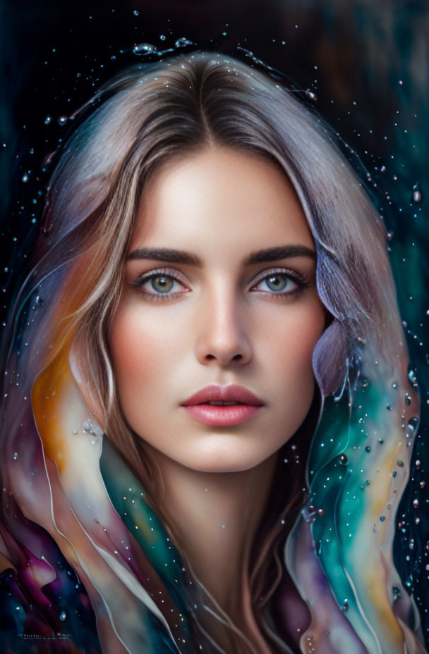 Vibrant digital portrait of a woman with deep blue eyes in cosmic nebula setting