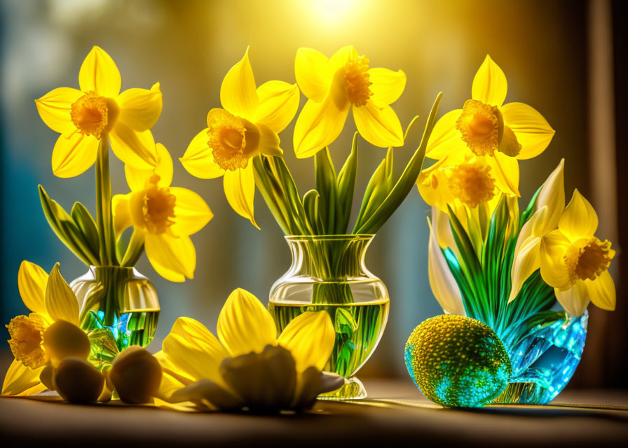Vibrant daffodils in vases with Easter eggs and sunlight background