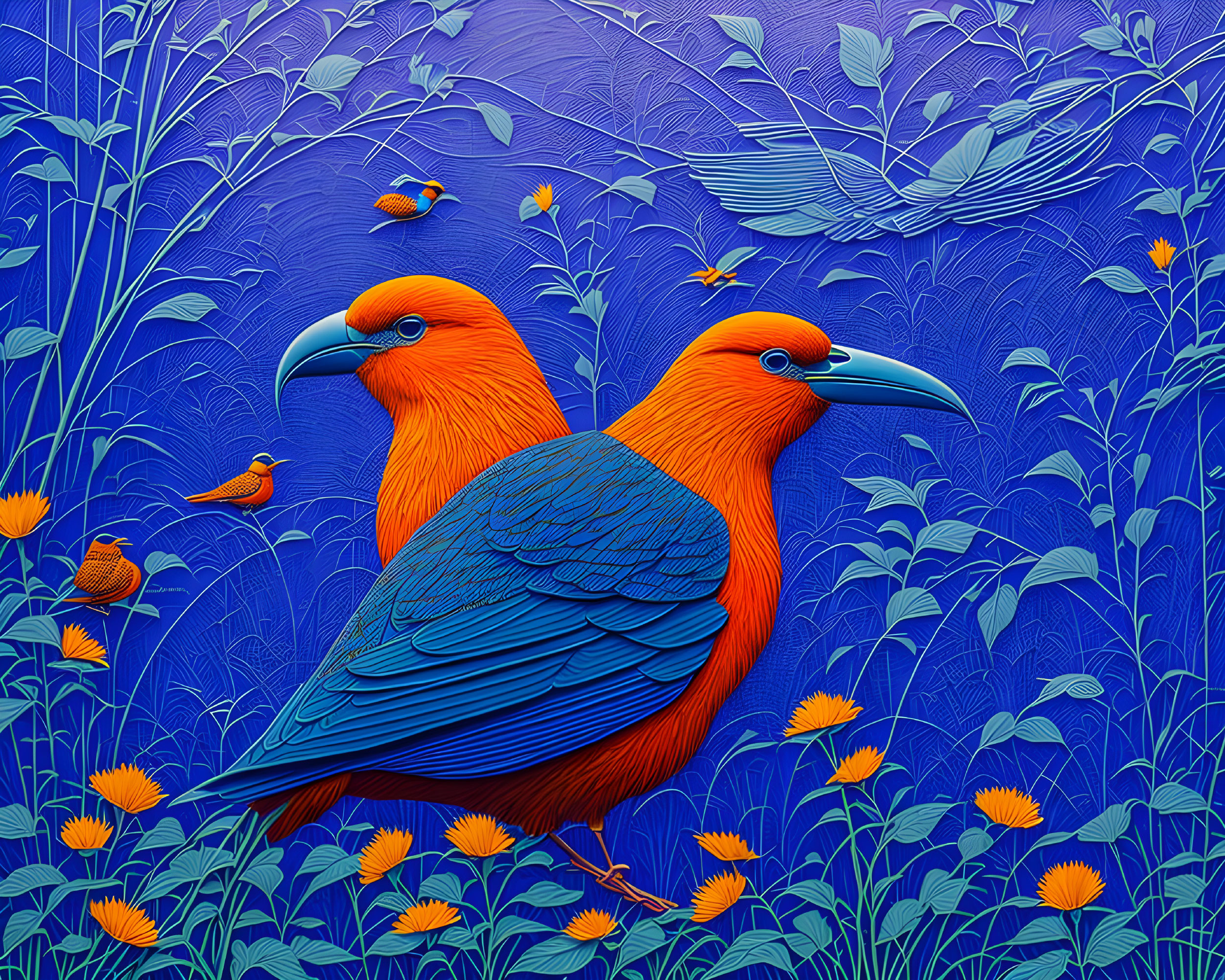 Vibrant Birds in Blue Garden