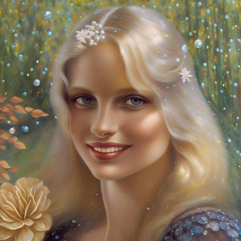 Blonde woman portrait with flowers and ethereal glow