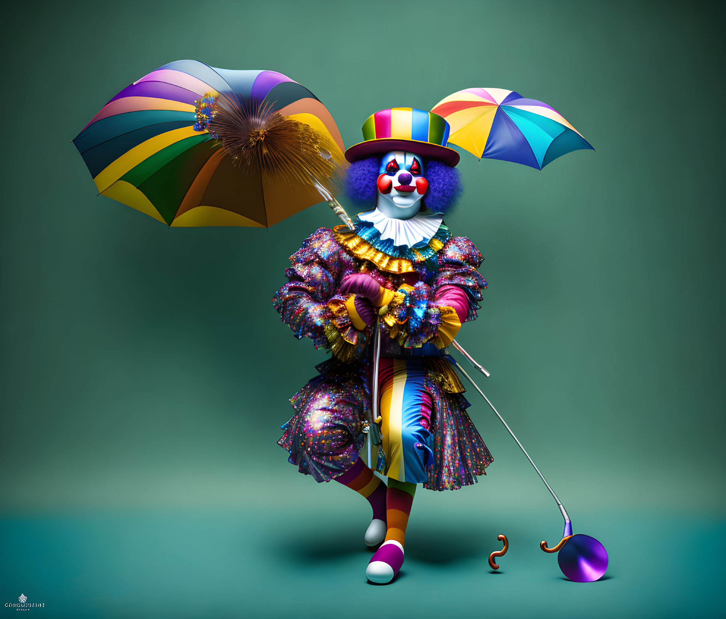 Whimsical Clown in Teal Rainstorm