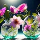 Delicate pink and blue flowers in glass vases on dark reflective background