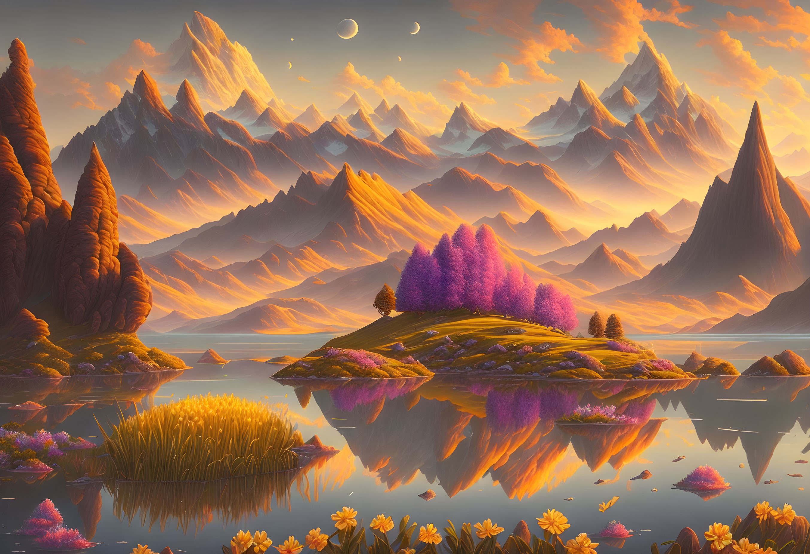 Twilight Oasis: Majestic Mountains & Purple Trees