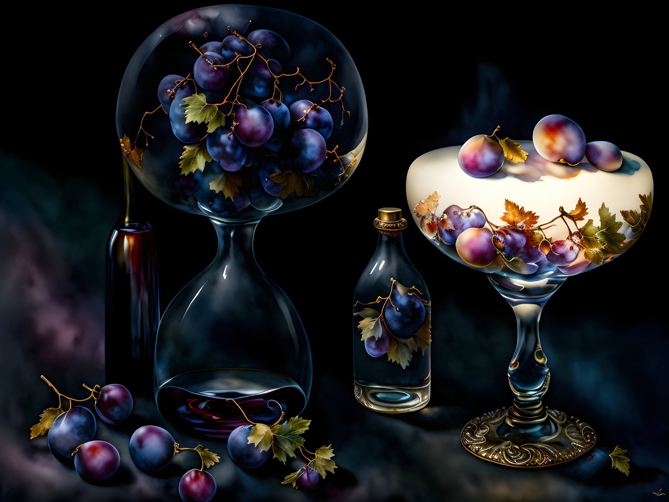Ornate glasses with grapes and plums on dark background