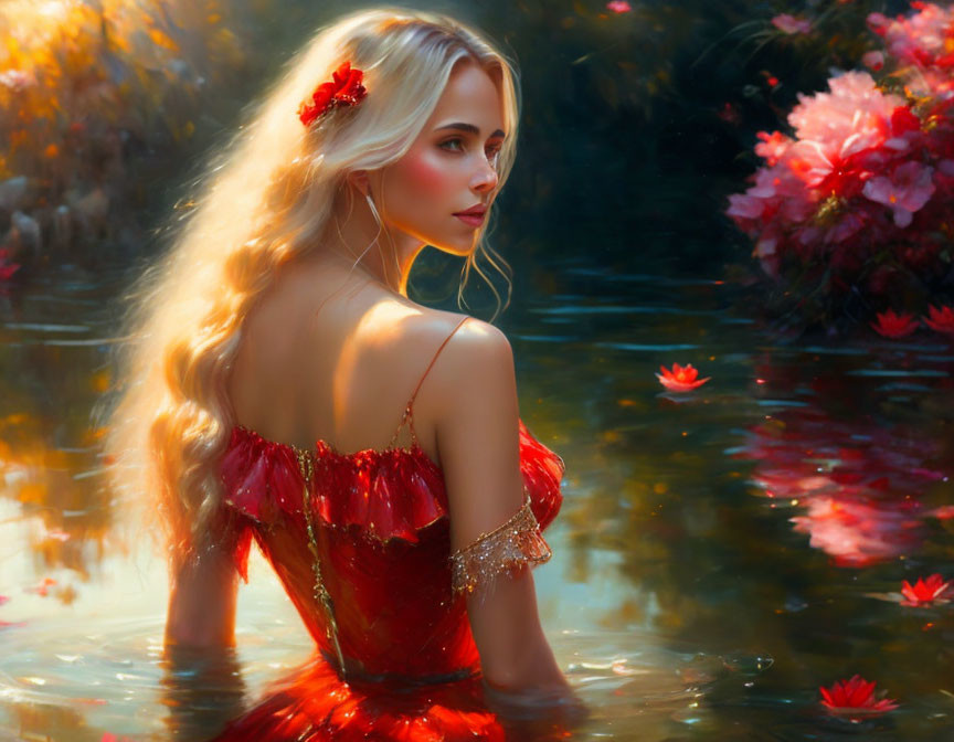 Woman in Red Dress with Flower in Hair by Dreamy Waterscape