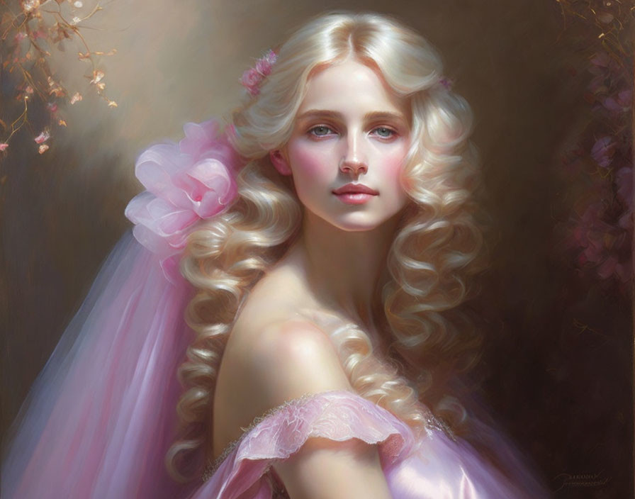 Ethereal portrait of woman with golden curls and pink flowers in soft gaze.