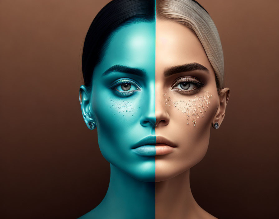 Woman's face split in half with blue and neutral makeup contrast