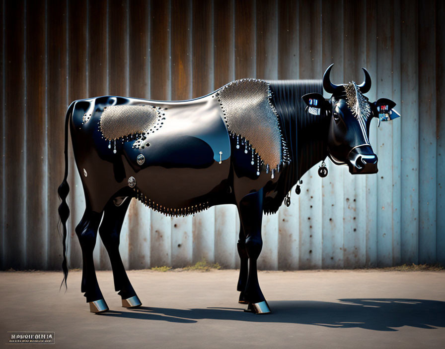 Black Metallic Cow Sculpture with White Details on Corrugated Metal Background