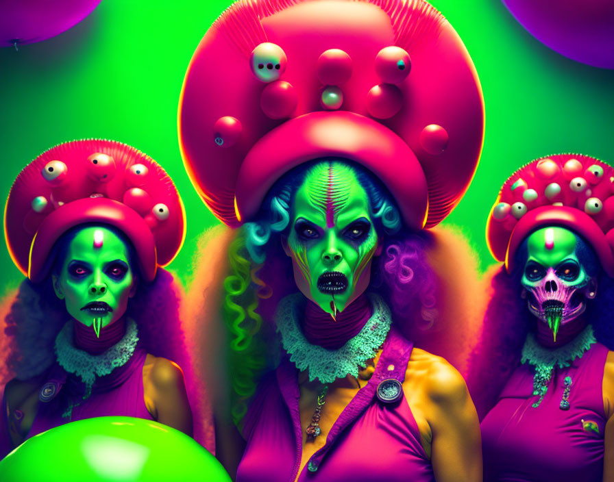 Three individuals with vibrant green-themed makeup and elaborate red headpieces on a futuristic tribal-themed green background