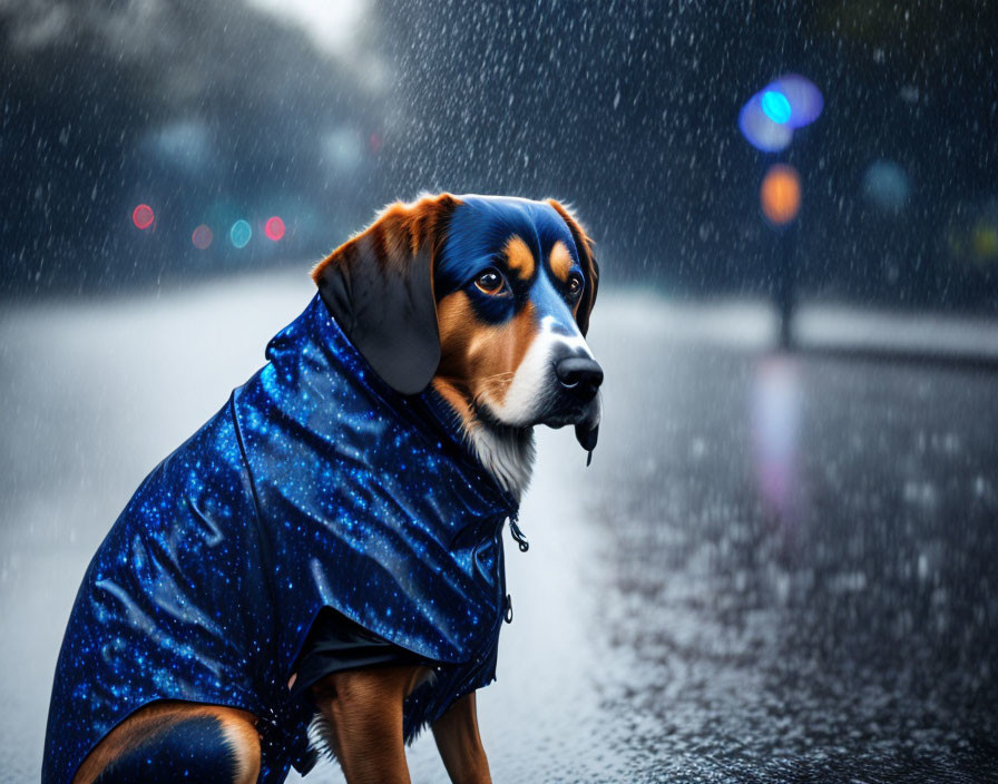Blue-coated dog sitting in rain on wet street with blurred city lights.