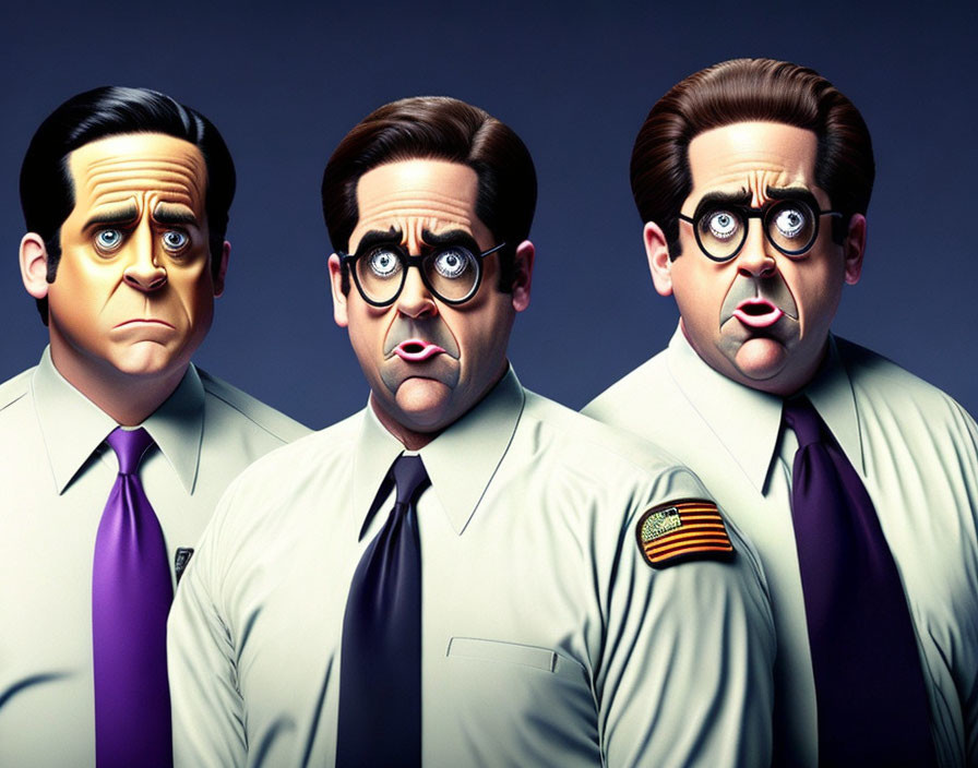 Three cartoonish male figures in office attire with exaggerated expressions and badges.