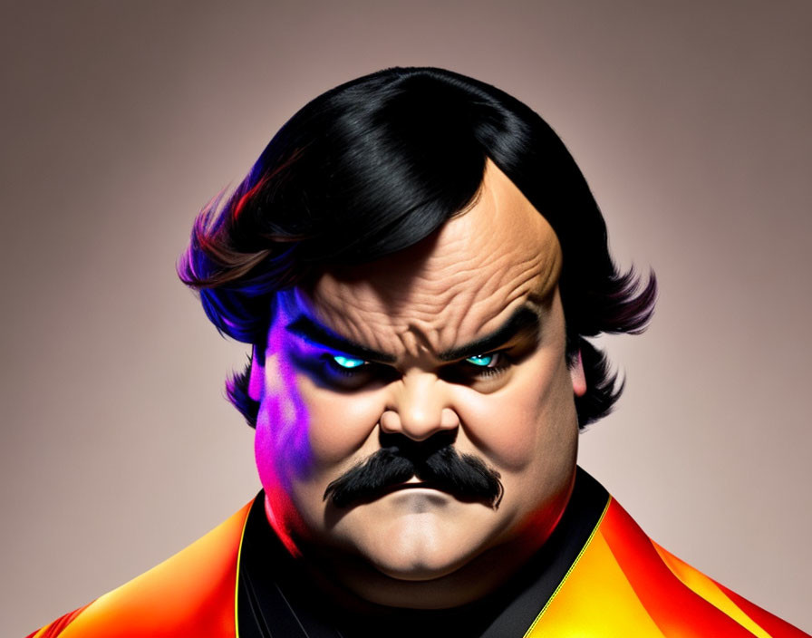 Determined superhero with black mustache and blue eyes in orange suit