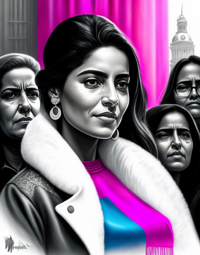 Monochromatic illustration of women with fur collar and pink shirt in city setting